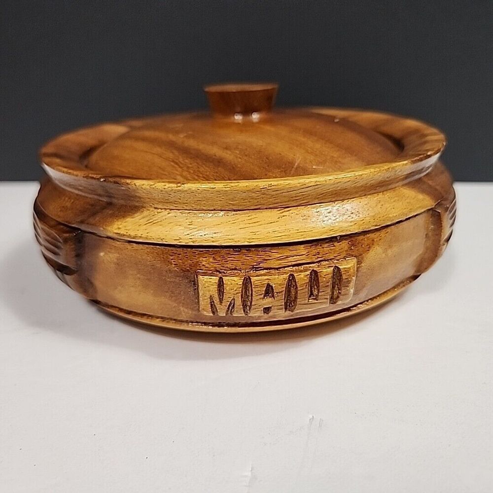Wooden Bowl With Lid From The Philippines Carved Maui On Side